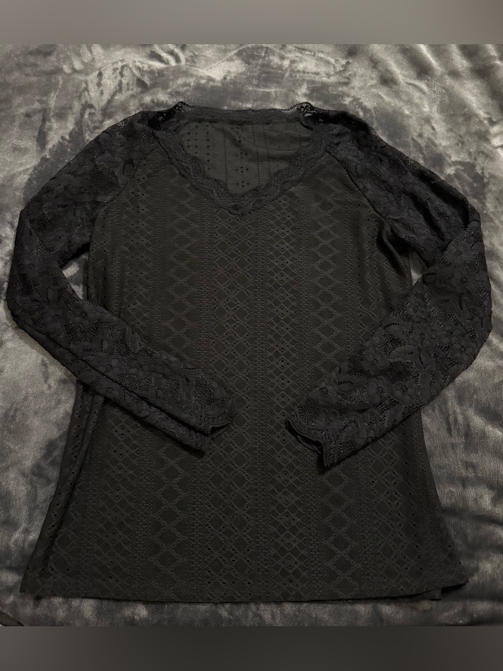 Black Lace Long-Sleeve V-Neck Top